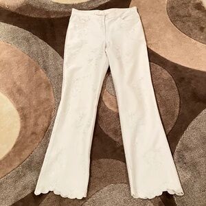 VINTAGE BEIGE/CREAM FLARE TROUSER COTTON EMBROIDERED SCALLOPED HEM SIZE SMALL